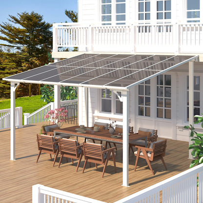 YODOLLA 3x3.65m Aluminium Lean-to Gazebo, Wall-Mounted Hardtop Roof Pergola, White