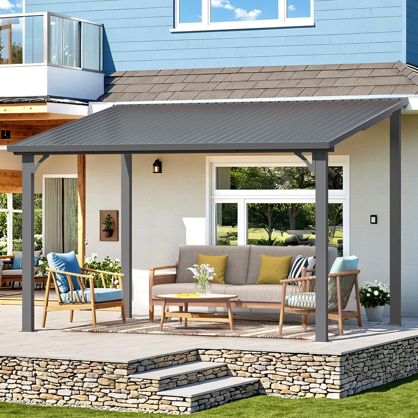 YODOLLA 2.4x3.6m Aluminium Lean-to Gazebo Wall-Mounted Iron Hardtop Roof Pergola