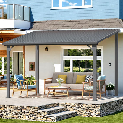 YODOLLA 2.4x3.6m Aluminium Lean-to Gazebo Wall-Mounted Iron Hardtop Roof Pergola