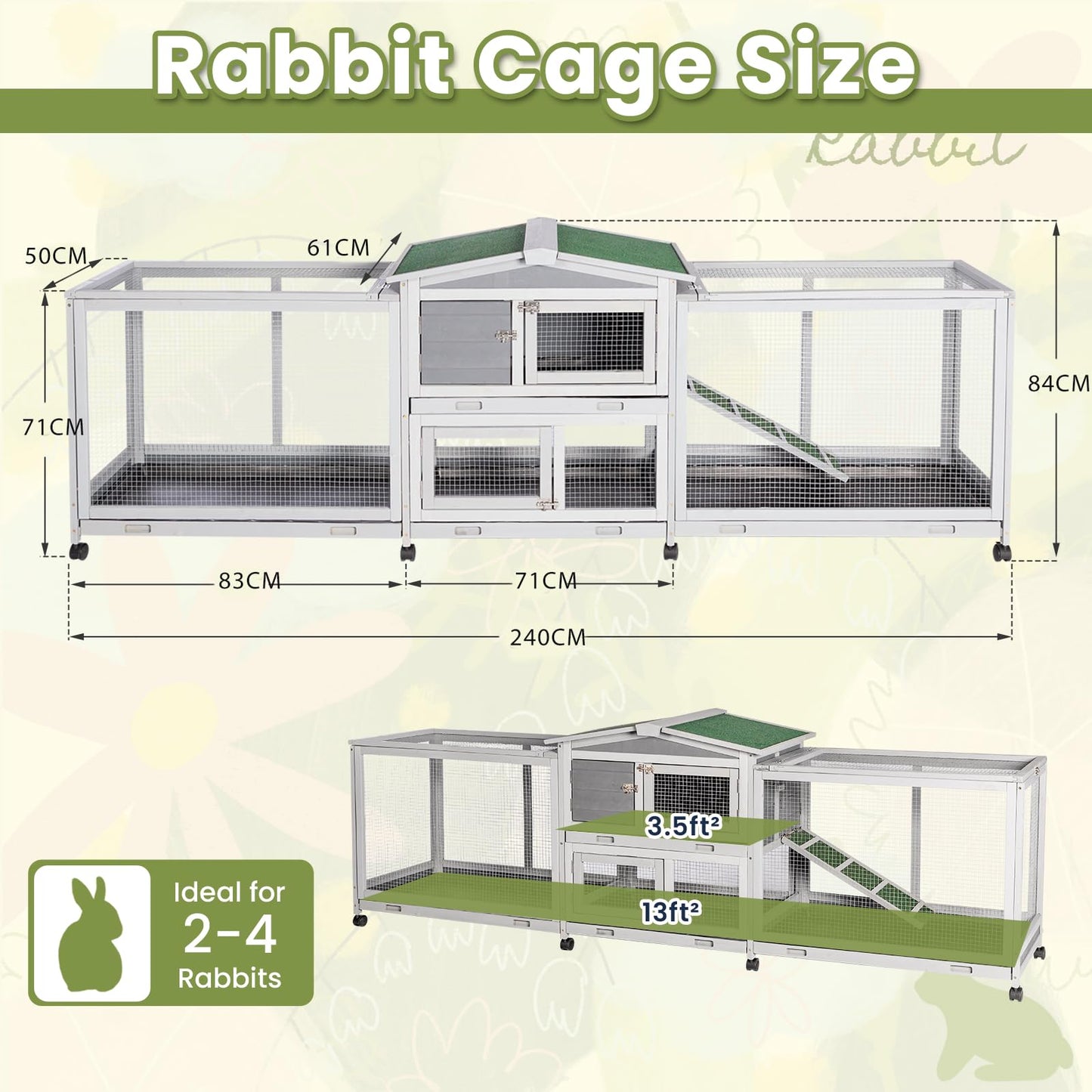 YODOLLA 2.4m Large Wooden Rabbit Hutch Outdoor Double Run Guinea Pig Cage