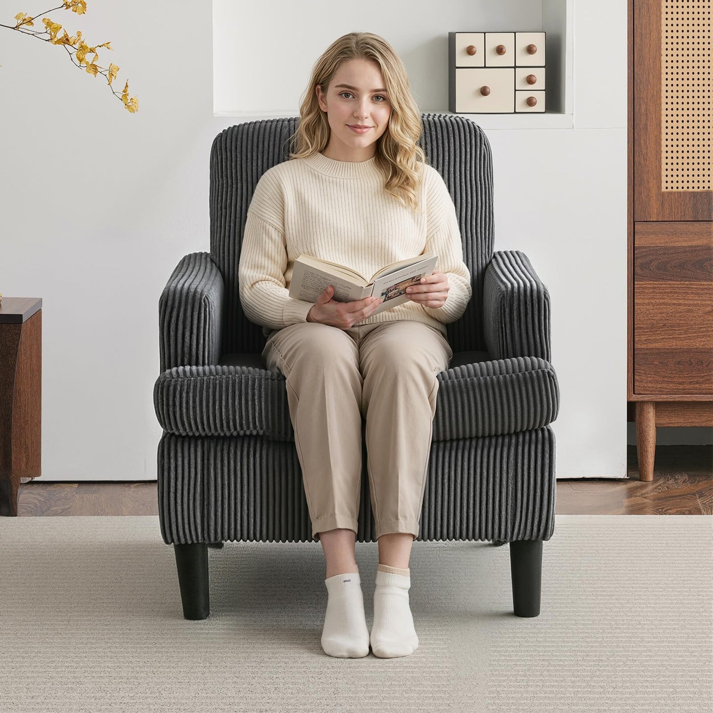 YODOLLA Armchair Grey Corduroy - Cosy Tub Accent Cuddle Chair