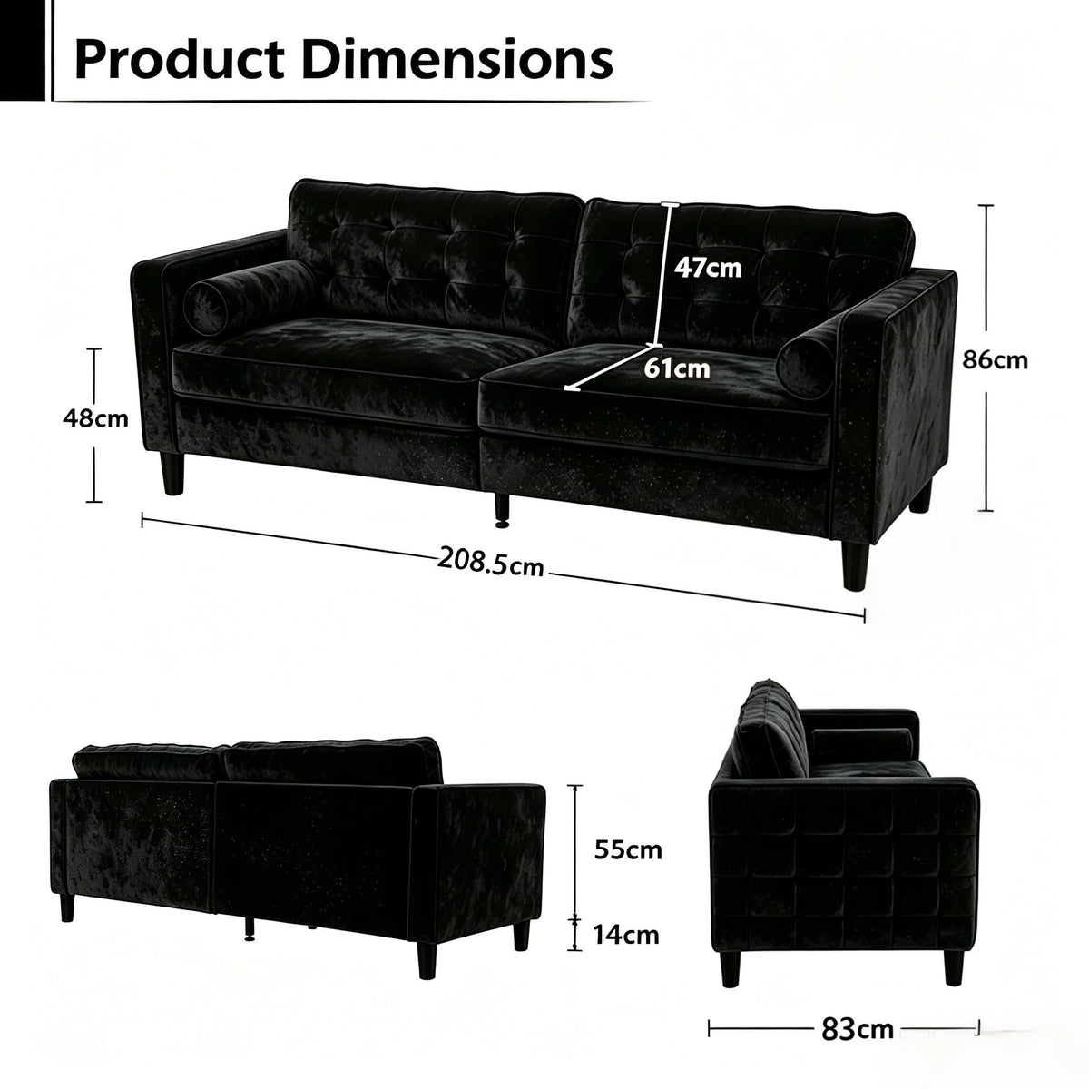 YODOLLA 3 Seater Velvet Sofa, 210cm Wide Deep Seat Sofa for Living Room