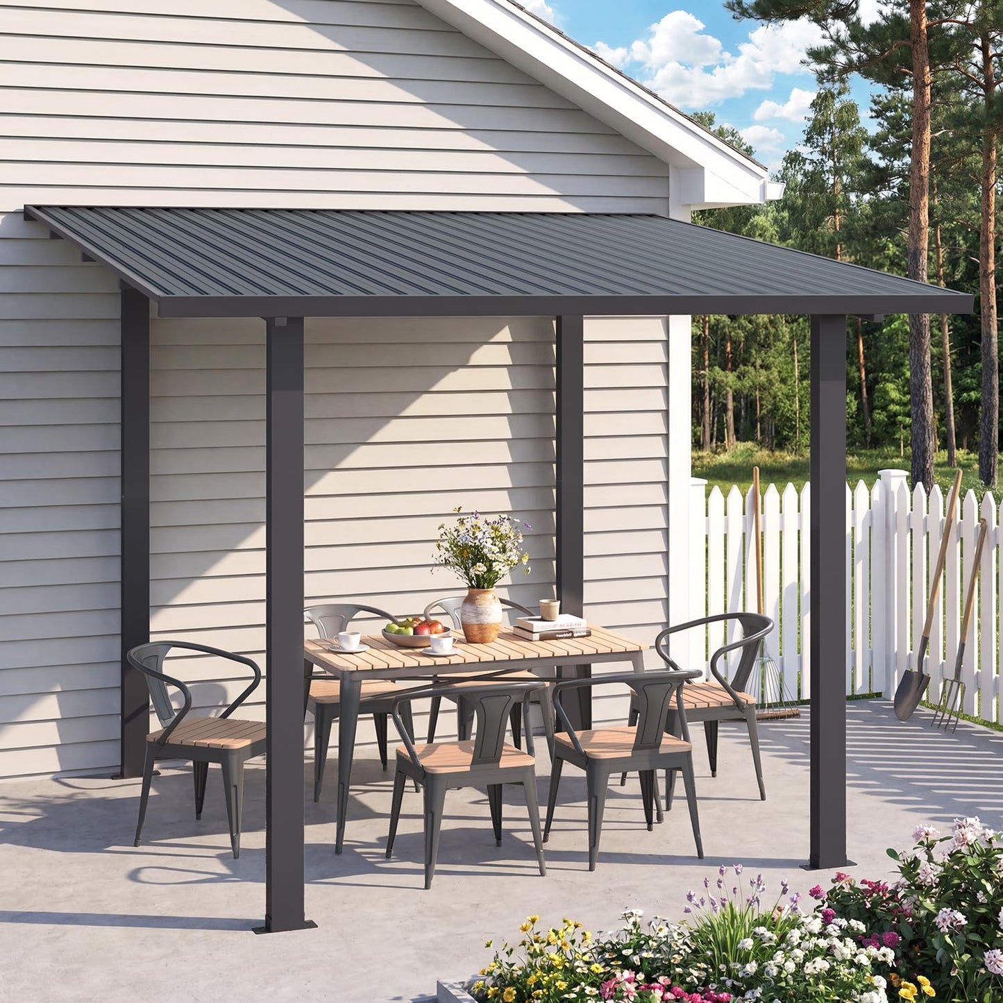 YODOLLA 2.4 x 3m Metal Lean-to Gazebo Wall-Mounted Iron Hardtop Roof Pergola