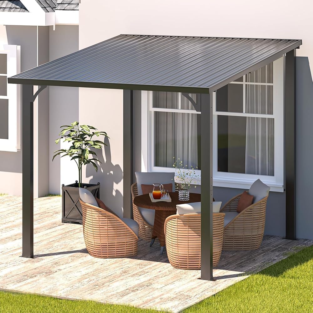 YODOLLA 2.4x2.4m Aluminium Lean-to Gazebo Wall-Mounted Hardtop Roof Pergola