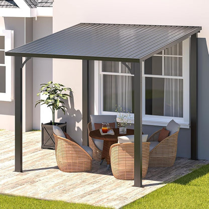YODOLLA 2.4x2.4m Aluminium Lean-to Gazebo Wall-Mounted Hardtop Roof Pergola