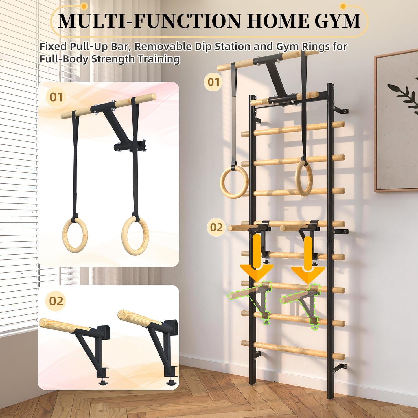 YODOLLA Wall Mounted Swedish Ladder with Pull Up Bar & Gym Rings