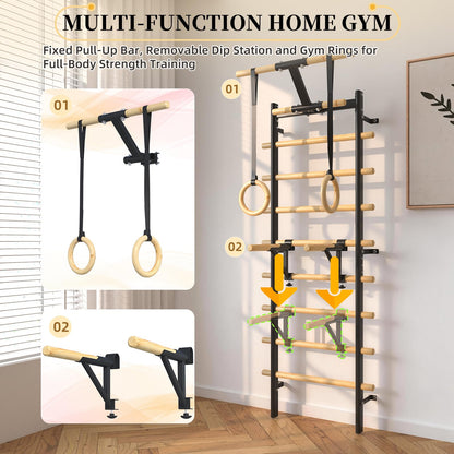 YODOLLA Wall Mounted Swedish Ladder with Pull Up Bar & Gym Rings