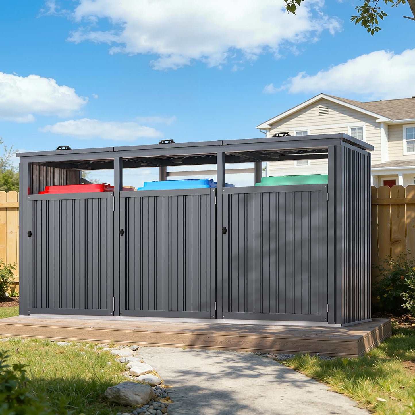 YODOLLA Wheelie Bin Box, Set of 3, 240 L Garden Cabinet Tool Shed, Dark Grey