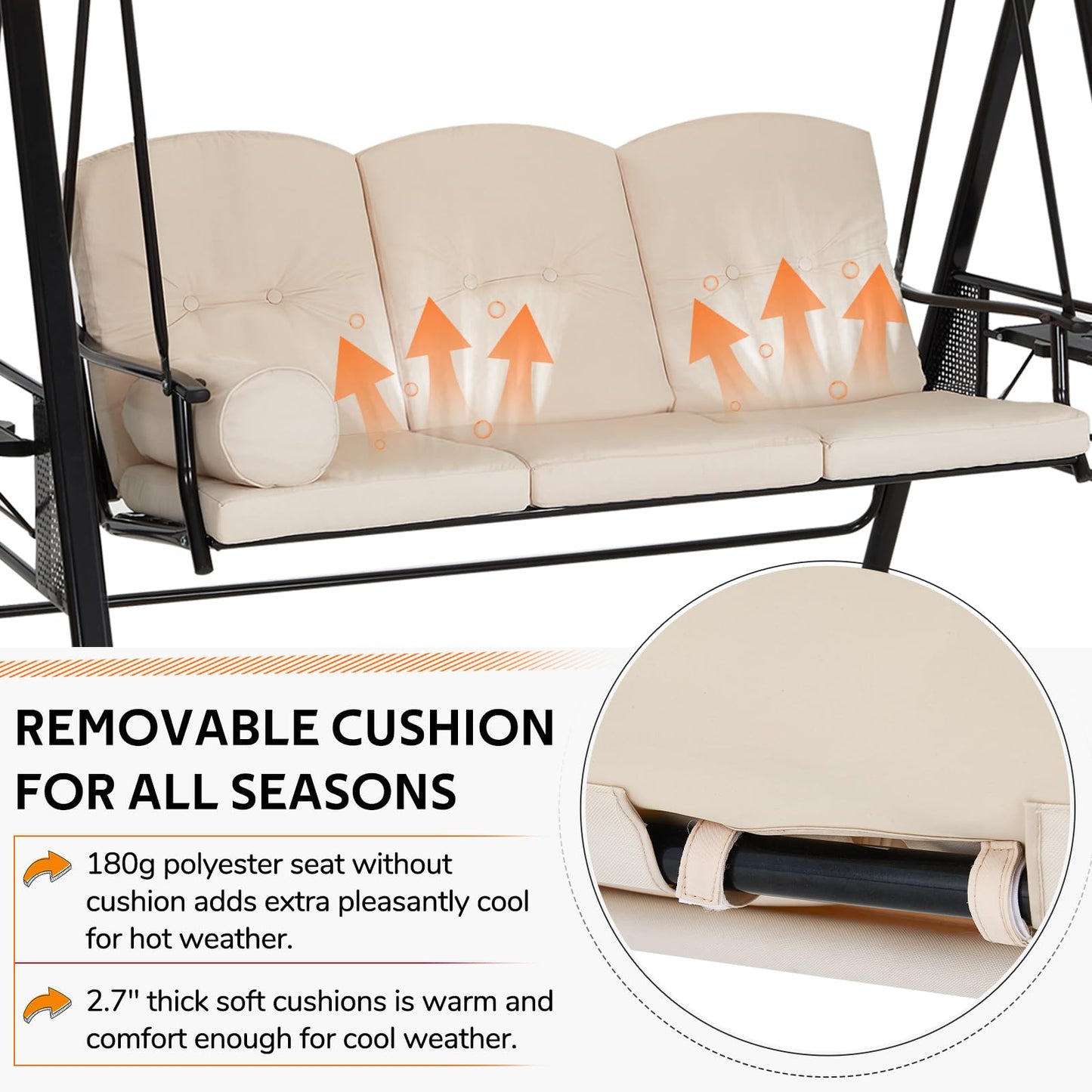 YODOLLA 3 Seater Garden Swing Chair with Adjustable Canopy & Cushions-Beige