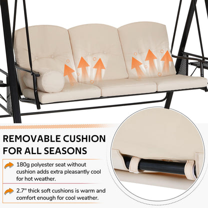 YODOLLA 3 Seater Garden Swing Chair with Adjustable Canopy & Cushions-Beige