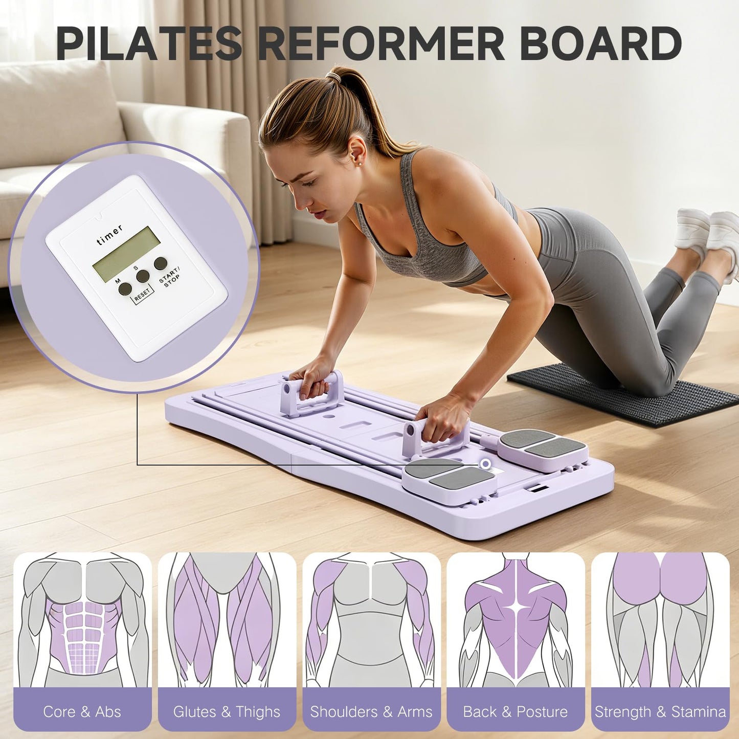 YODOLLA 5 in 1 Foldable Pilates Reformer Board with LED Counter, Purple