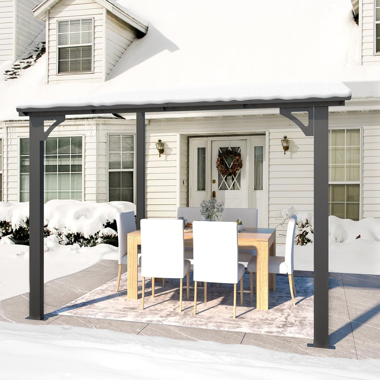 YODOLLA 2.4x2.4m Aluminium Lean-to Gazebo Wall-Mounted Hardtop Roof Pergola, Dark Grey