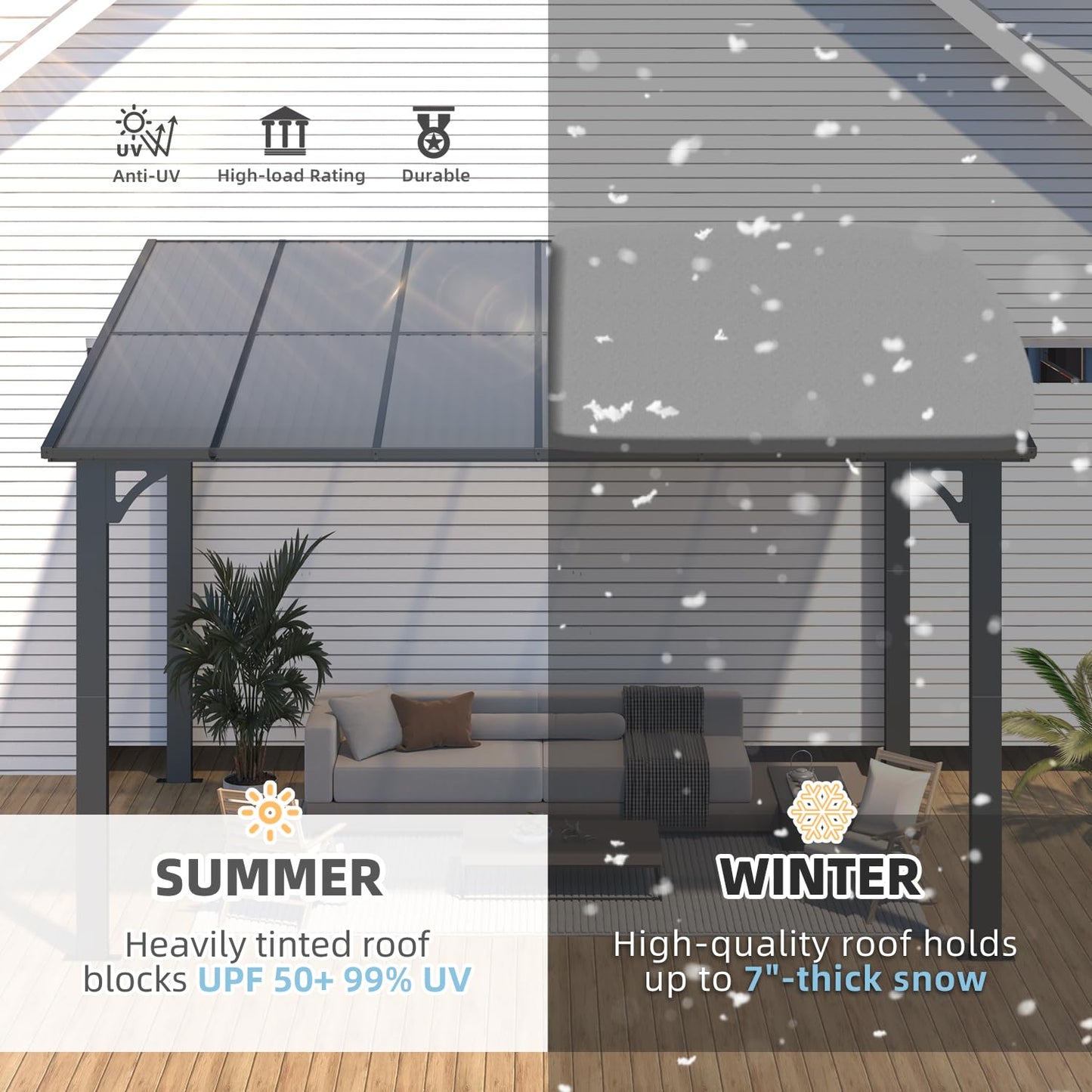 YODOLLA 2.4x3.65m Aluminium Lean-to Gazebo, Wall-Mounted Hardtop Roof Pergola