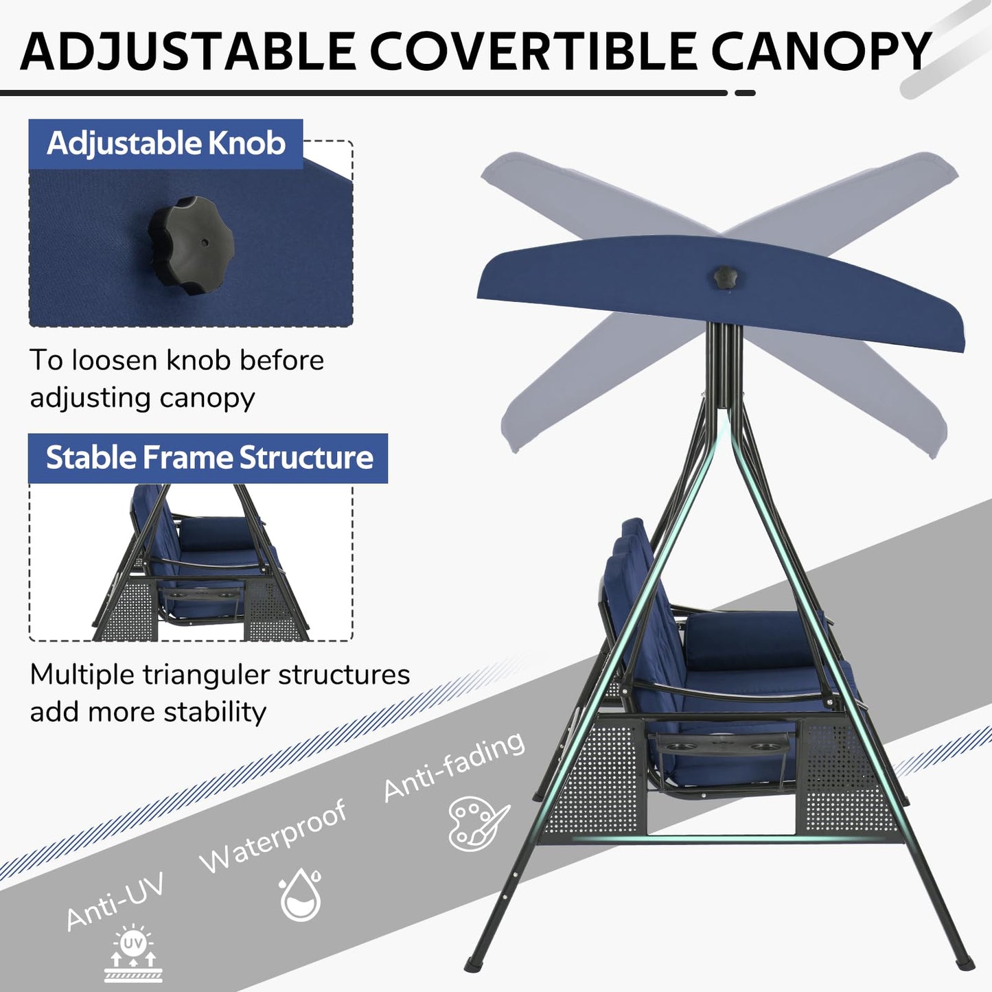 YODOLLA 3 Seater Garden Swing Chair with Adjustable Canopy & Cushions-Blue