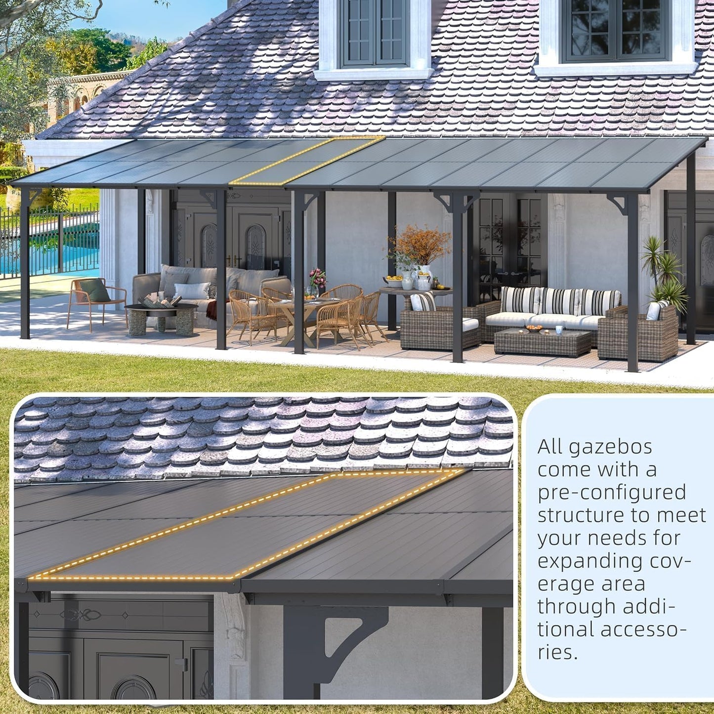 YODOLLA 3x3.65m Aluminium Lean-to Gazebo Wall-Mounted Hardtop Roof Pergola