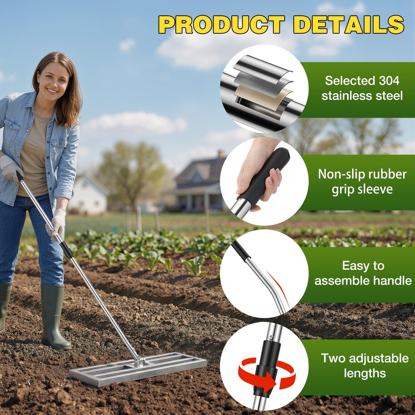 YODOLLA Lawn Leveling Rake 195 x 75×25cm Stainless Steel Lawn Leveller, Silver