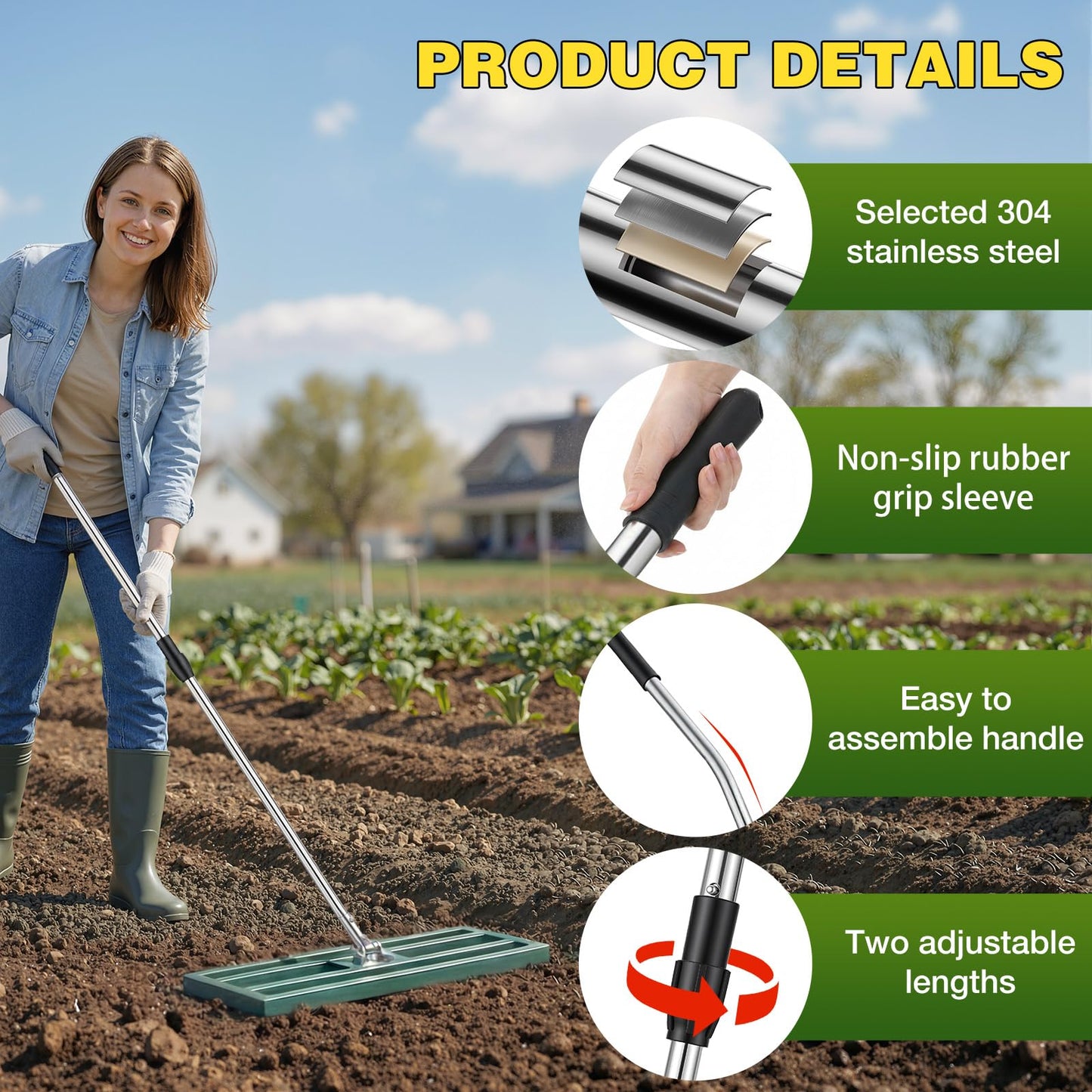 YODOLLA Lawn Leveling Rake 195 x 75×25cm Stainless Steel Lawn Leveller, Green