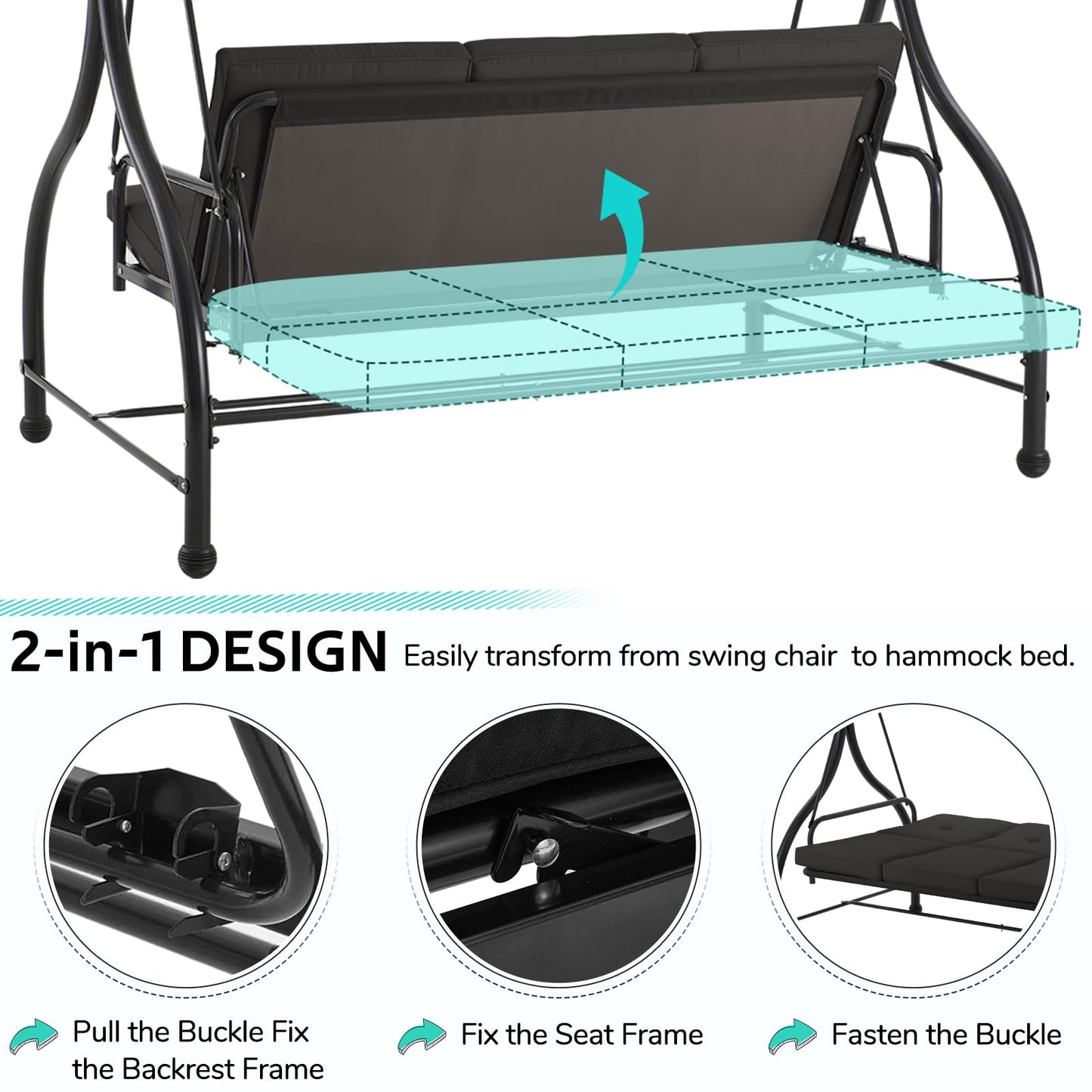 YODOLLA 3 Seater Garden Swing Seat Bed, Black
