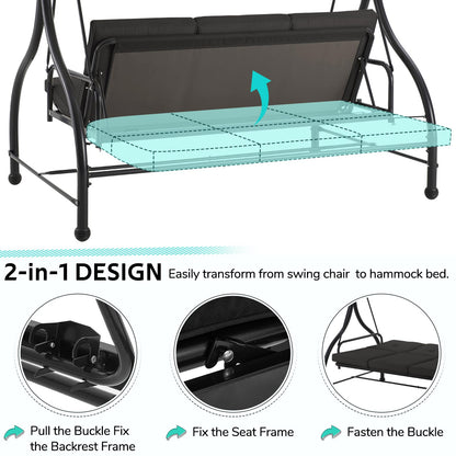 YODOLLA 3 Seater Garden Swing Seat Bed, Black