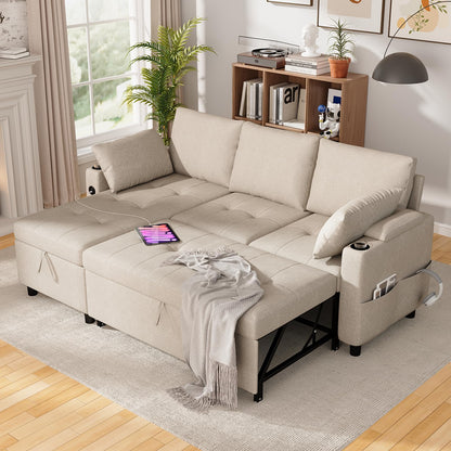 YODOLLA L-Shaped Corner Sofa Bed 3-in-1 Pull Out Sleeper Sofa, Beige