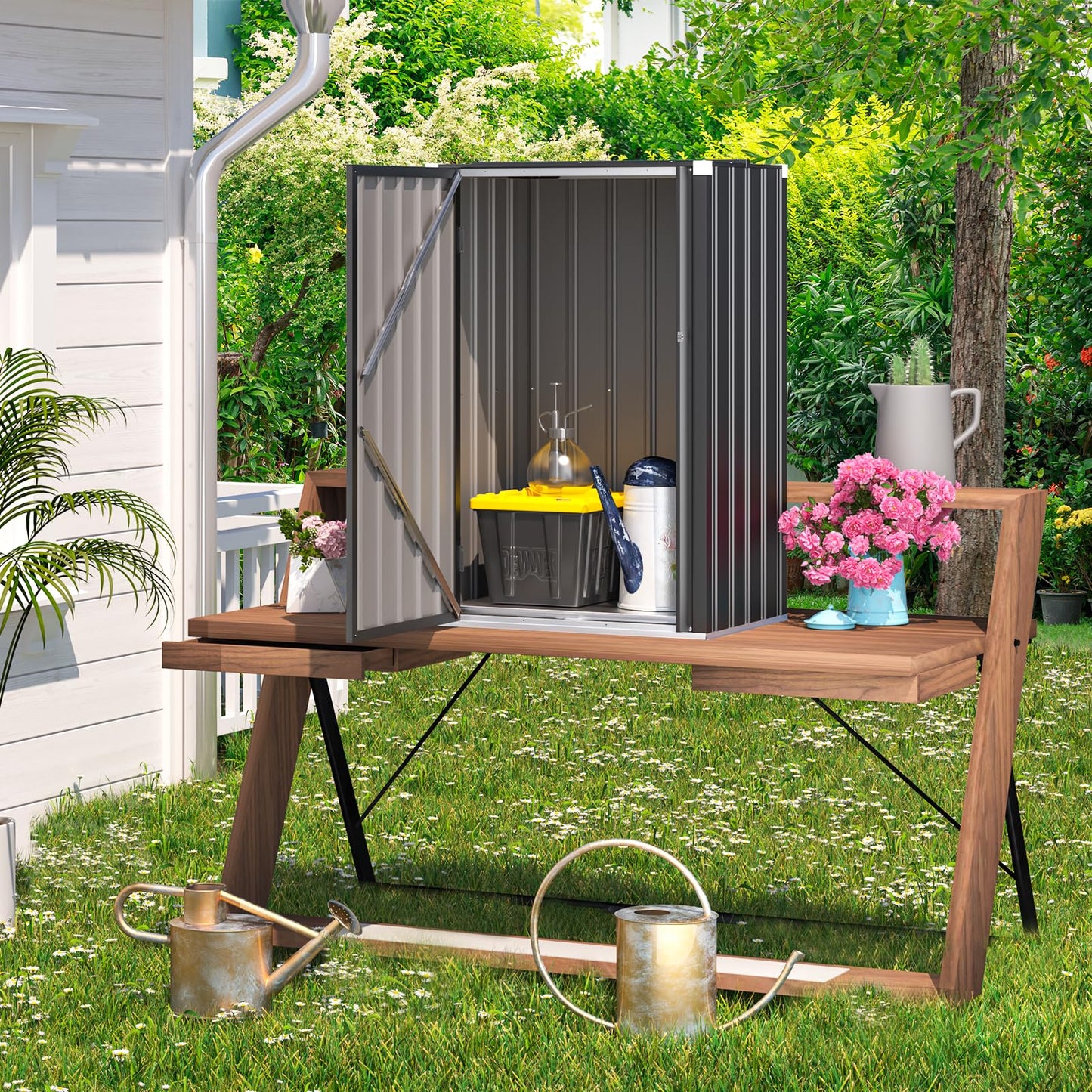 YODOLLA 144 x 76 x 55 cm Garden Cabinet with Adjustable Shelves & Double Doors