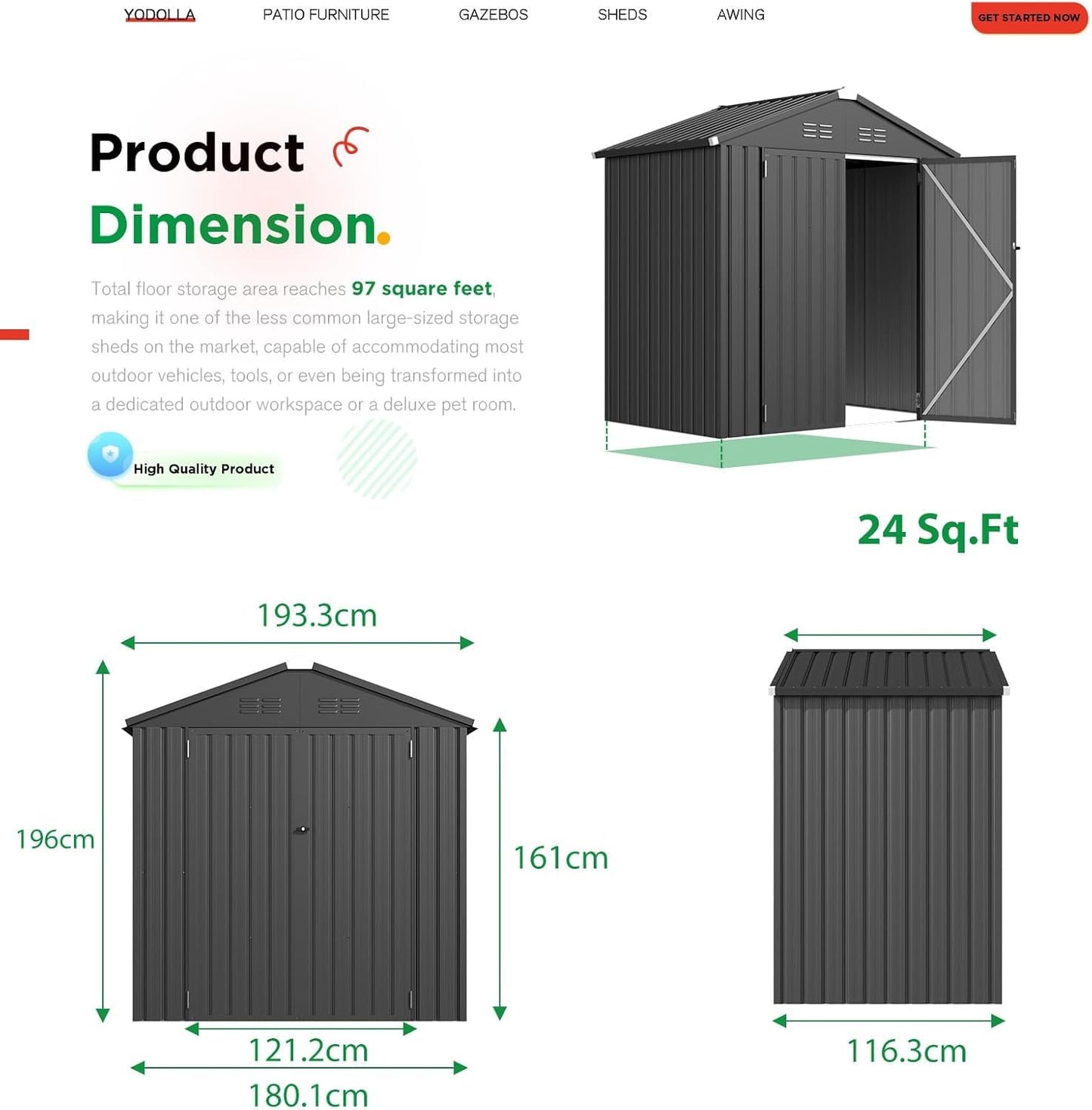 YODOLLA 6x4ft Outdoor Storage Shed Bike Tool Garden Metal Sheds, Dark Grey
