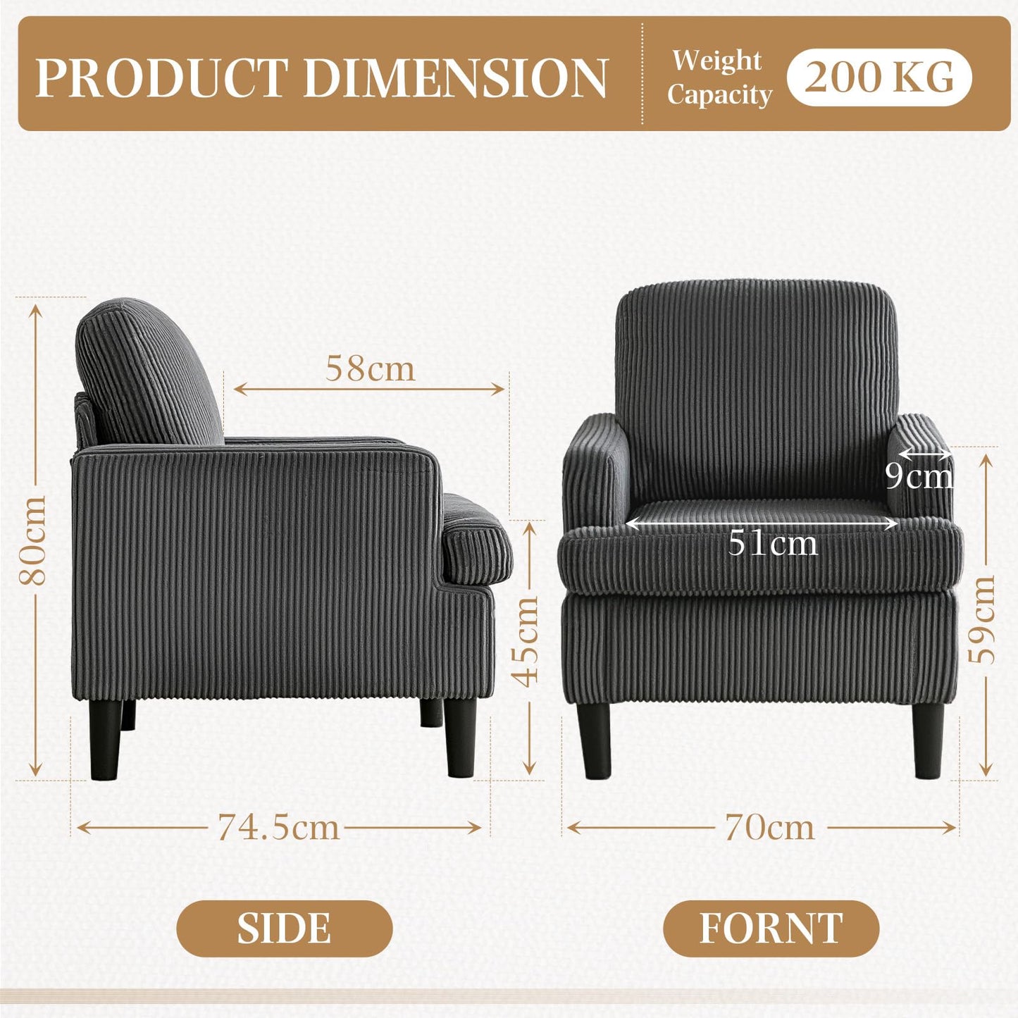 YODOLLA Armchair Grey Corduroy - Cosy Tub Accent Cuddle Chair