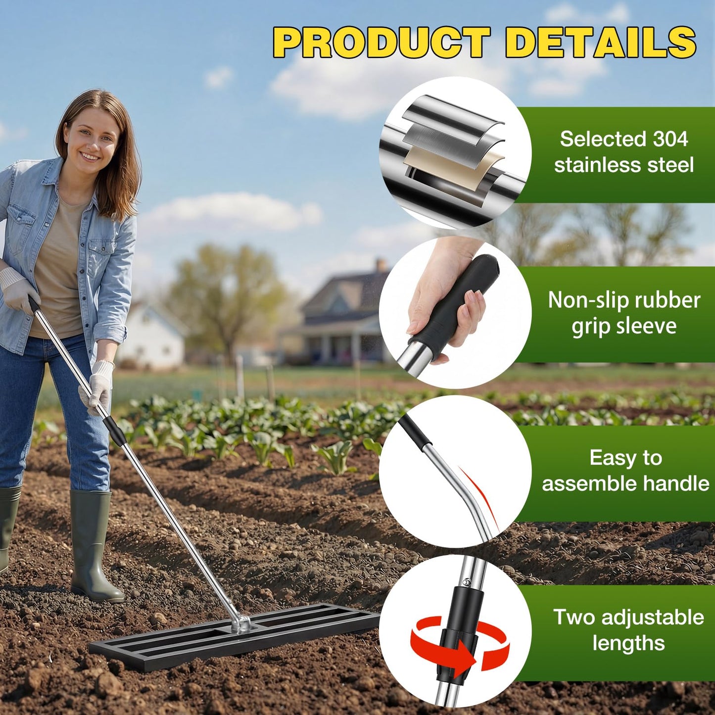 YODOLLA Lawn Leveling Rake 195 x 102×25cm Stainless Steel Lawn Leveller, Black