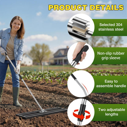 YODOLLA Lawn Leveling Rake 195 x 102×25cm Stainless Steel Lawn Leveller, Black