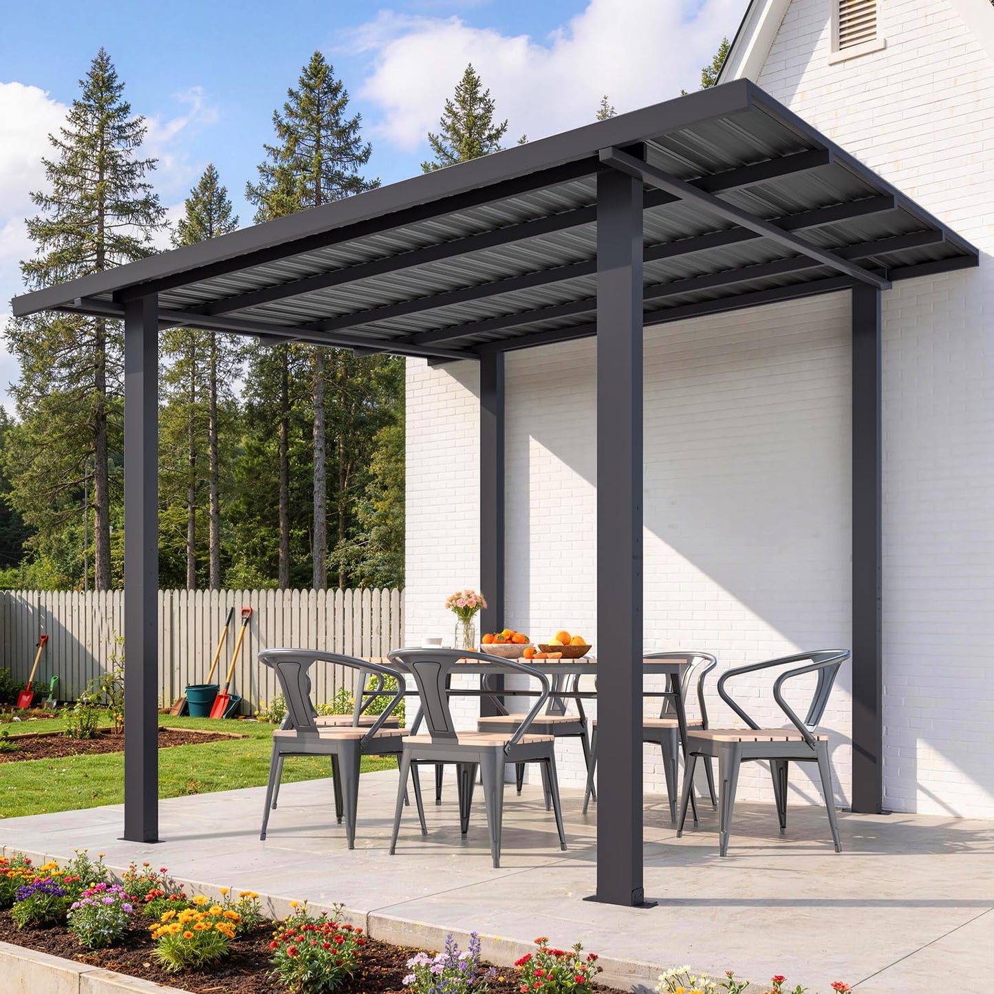 YODOLLA 2.4 x 3m Metal Lean-to Gazebo Wall-Mounted Iron Hardtop Roof Pergola