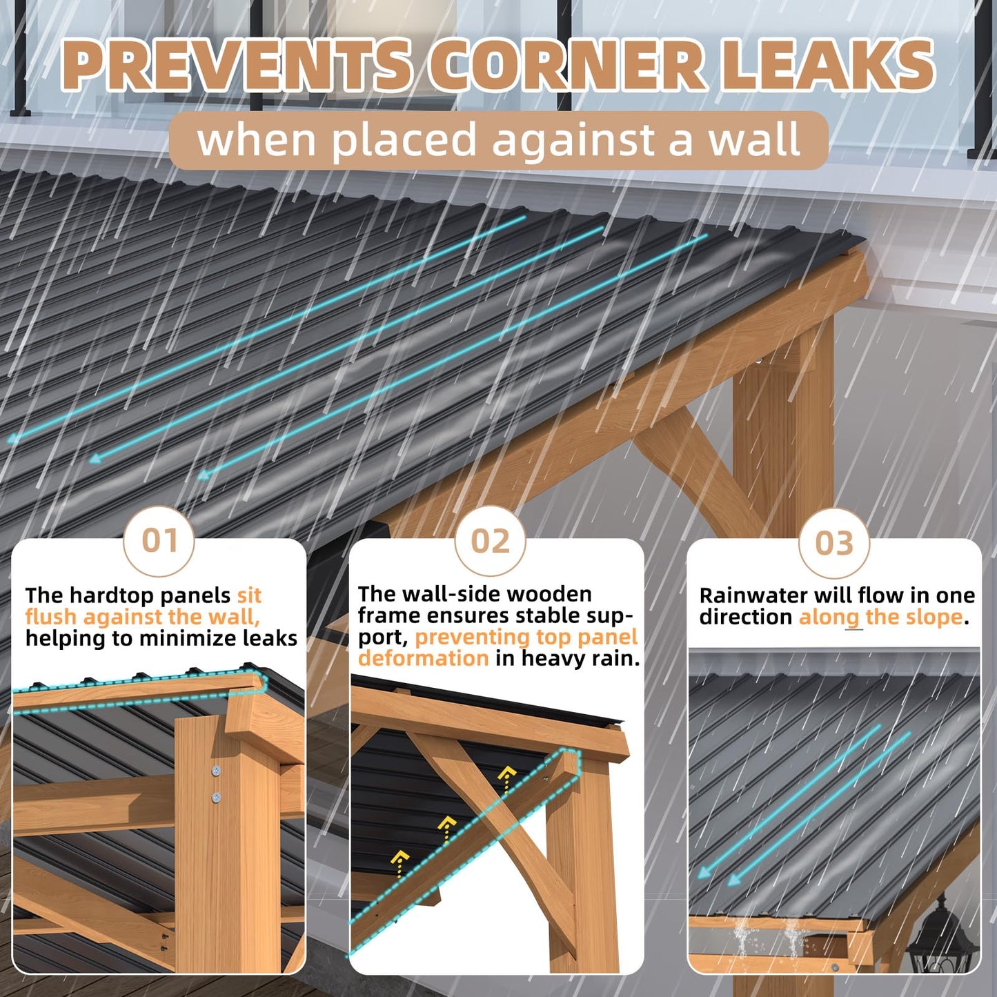 YODOLLA 3x3m Lean-to Hardtop Gazebo Outdoor Wood Cedar Wall Mounted Pergola