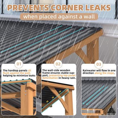 YODOLLA 3x3m Lean-to Hardtop Gazebo Outdoor Wood Cedar Wall Mounted Pergola