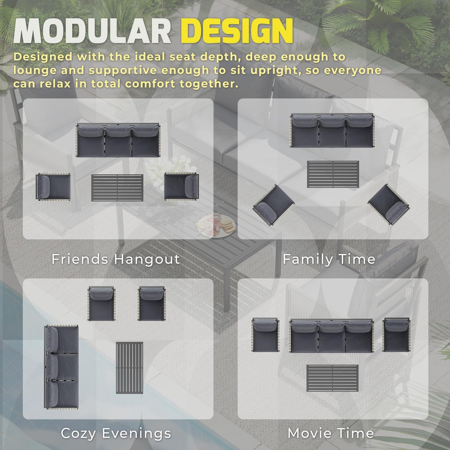 YODOLLA 5 Seater Outdoor Garden Furniture Set, Retractable Single Chair Patio Sofa