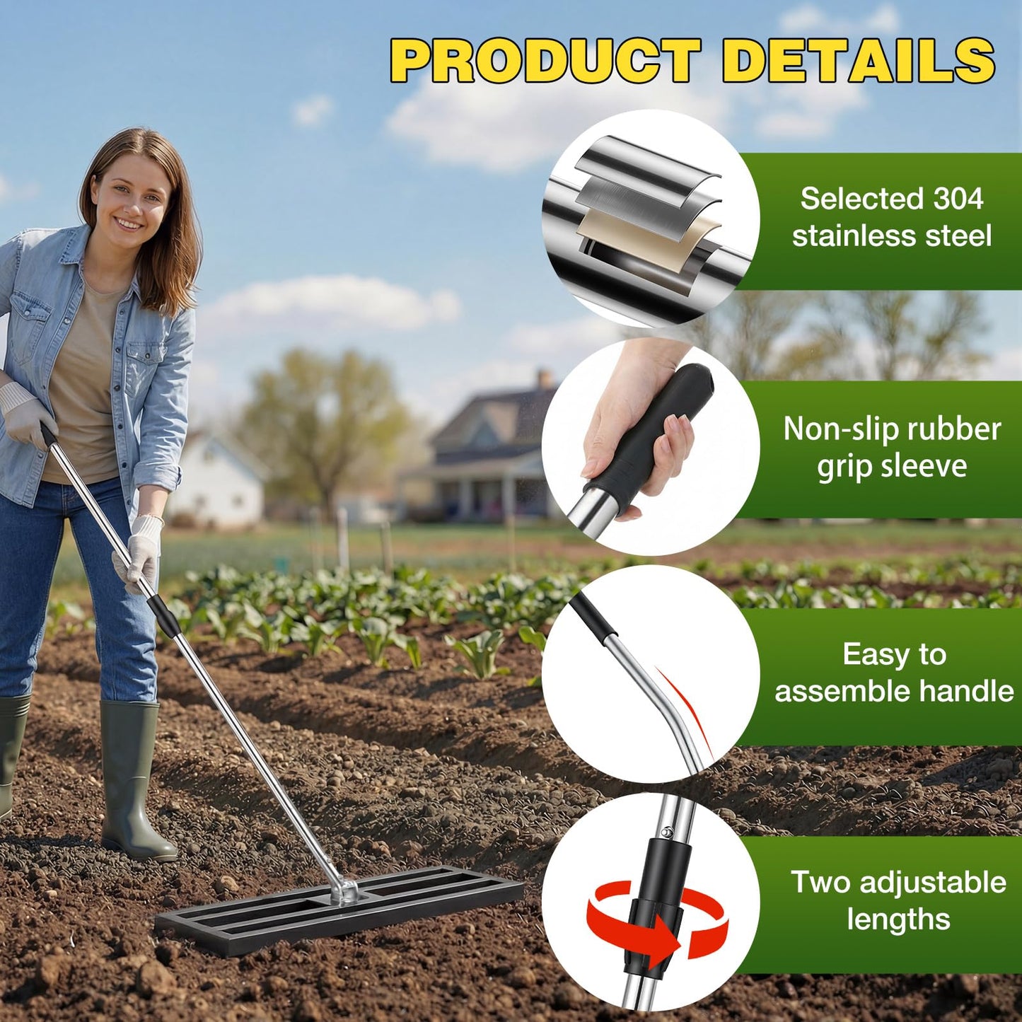 YODOLLA Lawn Leveling Rake 195 x 75×25cm Stainless Steel Lawn Leveller, Black