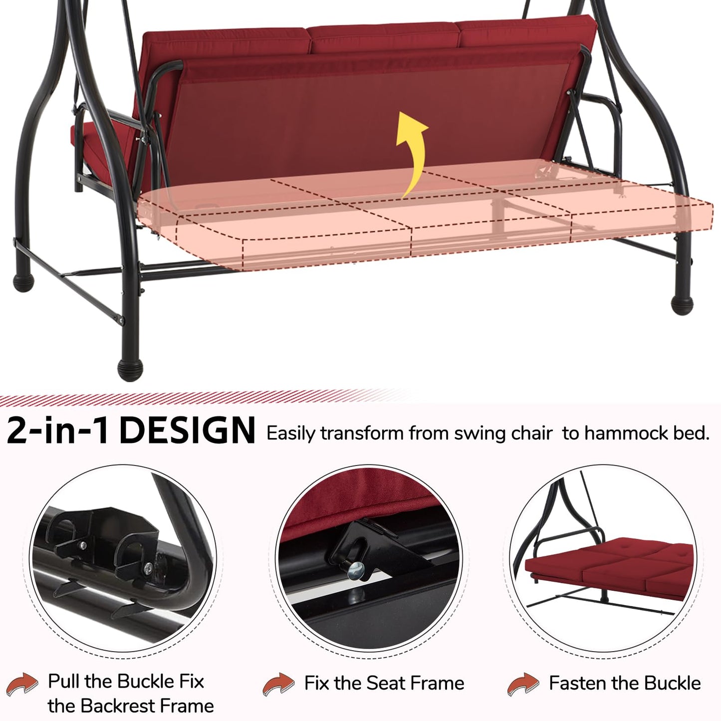 YODOLLA 3 Seater Garden Swing Seat Bed, Red