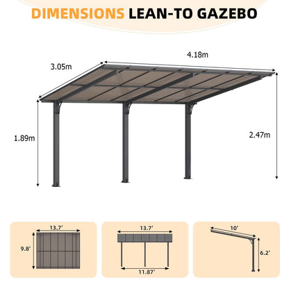 YODOLLA 4x3m Freestanding Hardtop Lean to Gazebo Pergola for Patio