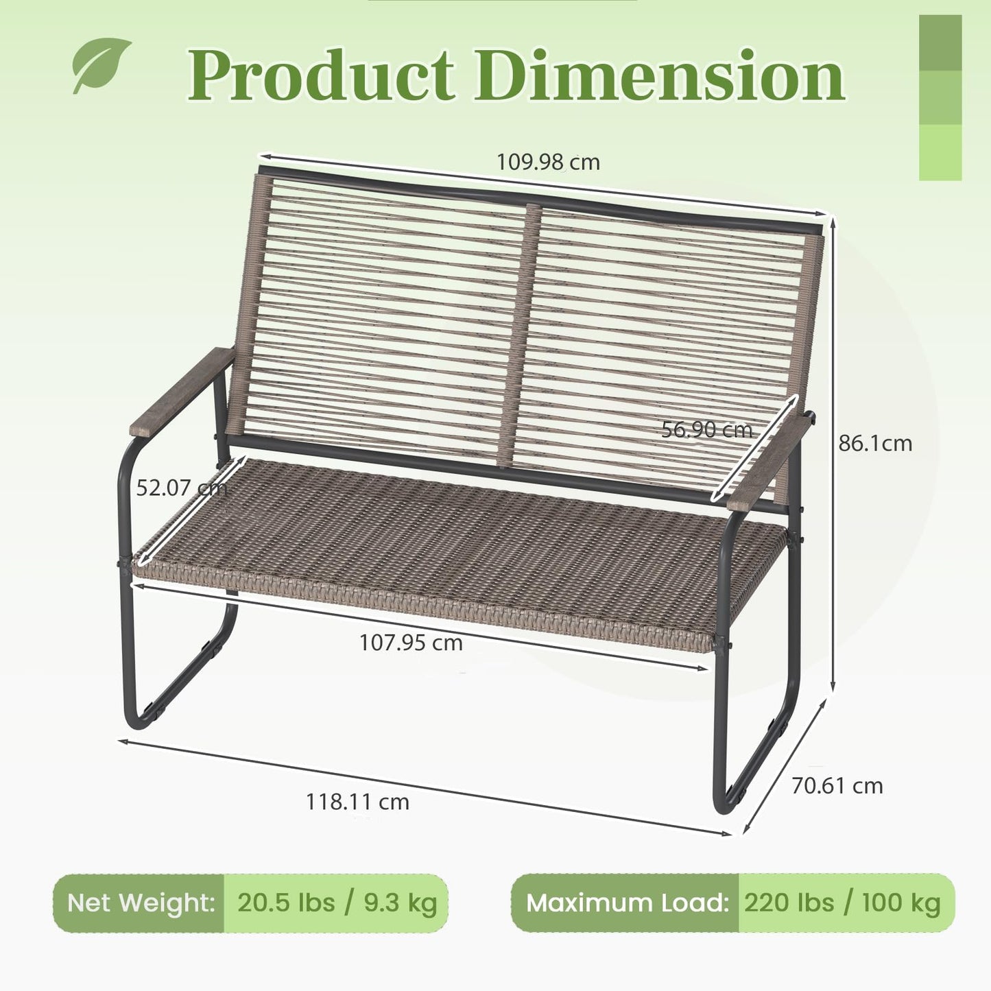 YODOLLA 2-Seater Rope Garden Bench Loveseat, All-Weather Woven Rope Patio Sofa