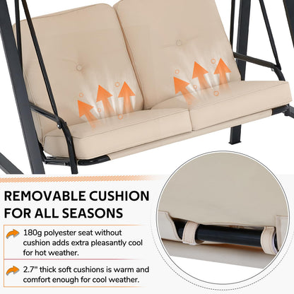 YODOLLA 2 Seater Garden Swing Chair with Adjustable Canopy & Cushions-Beige