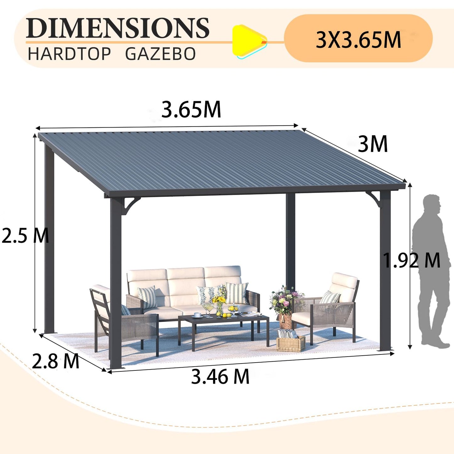 YODOLLA 3x3.65m Aluminium Lean-to Gazebo Wall-Mounted Iron Hardtop Roof Pergola