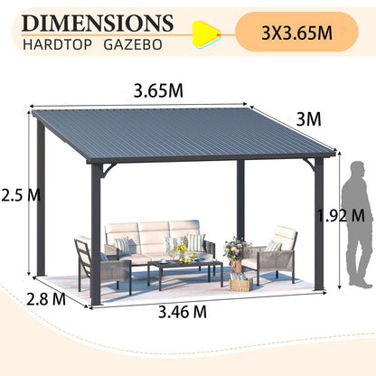YODOLLA 3x3.65m Aluminium Lean-to Gazebo Wall-Mounted Iron Hardtop Roof Pergola