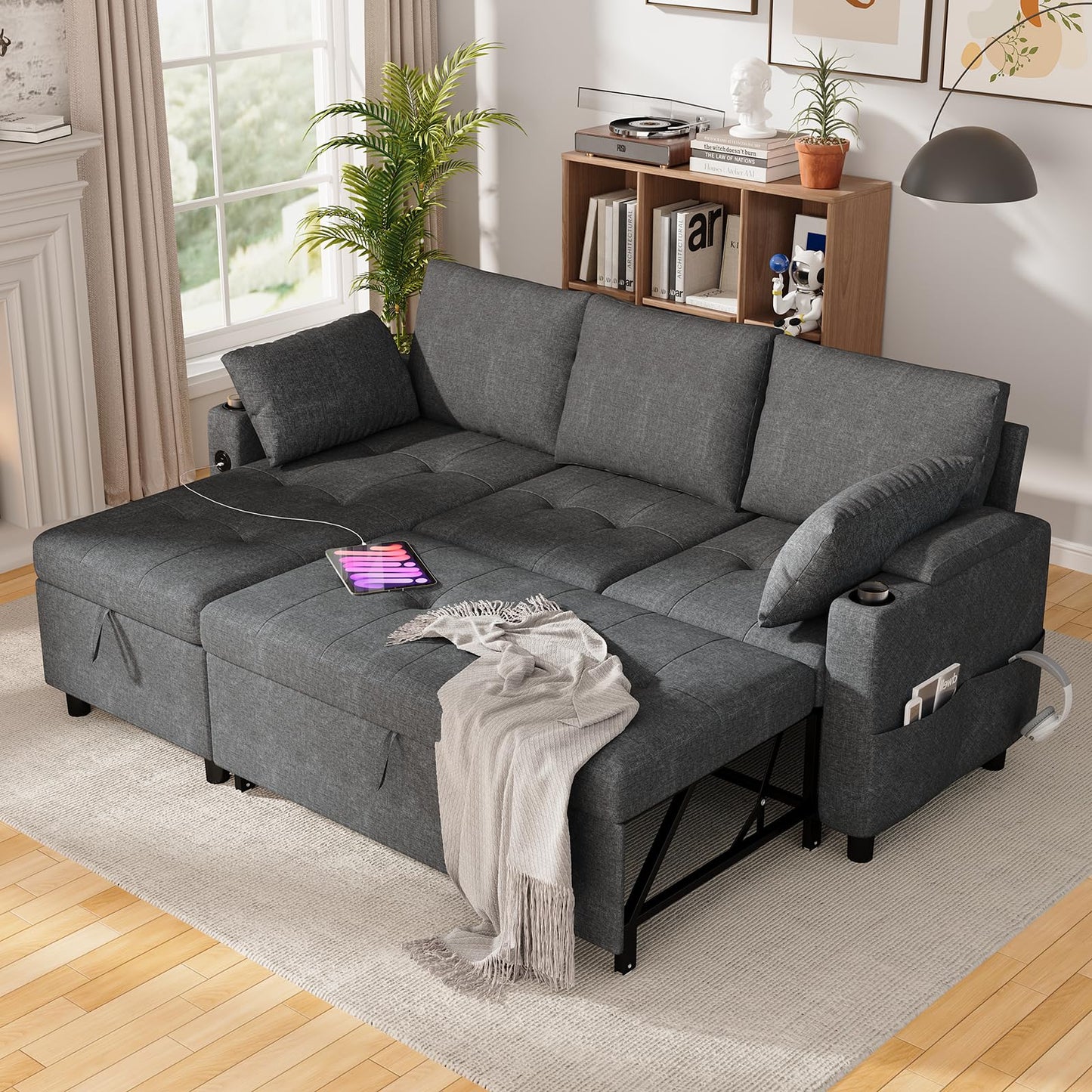 YODOLLA L-Shaped Corner Sofa Bed 3-in-1 Pull Out Sleeper Sofa, Dark Grey