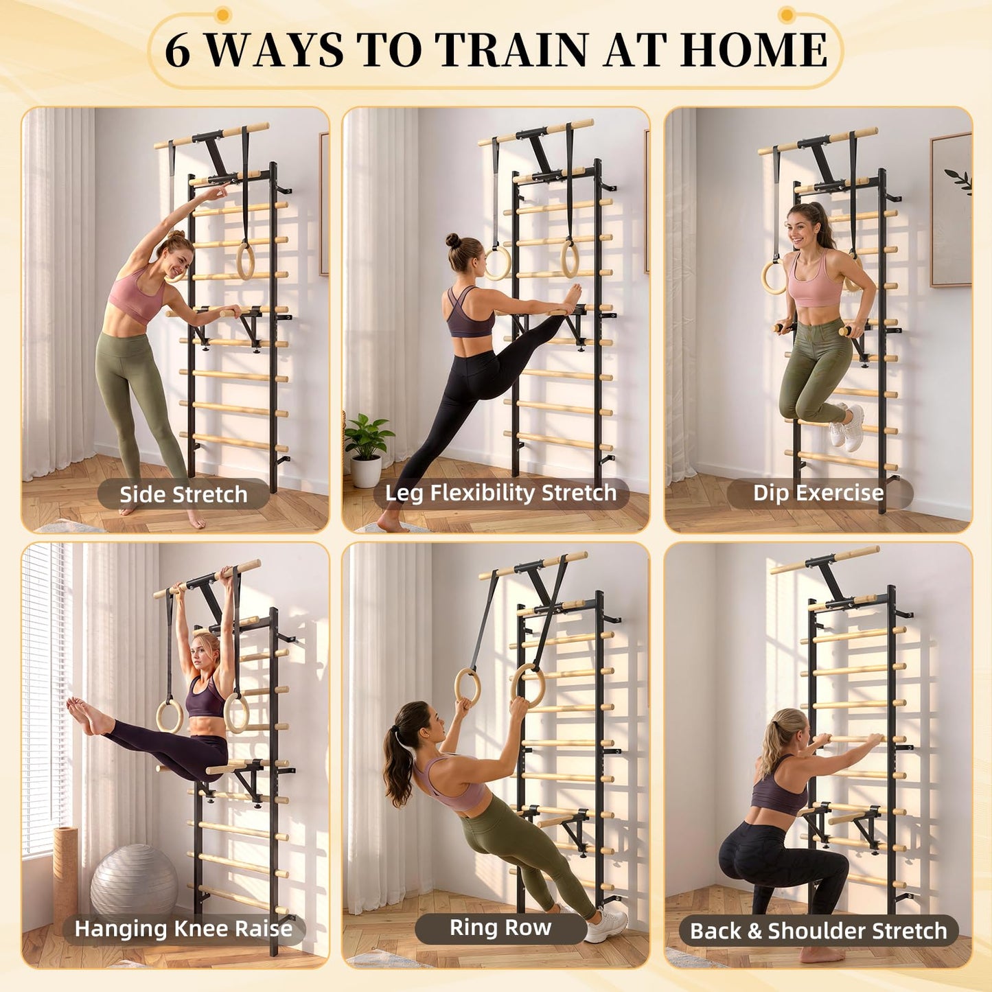 YODOLLA Wall Mounted Swedish Ladder with Pull Up Bar & Gym Rings