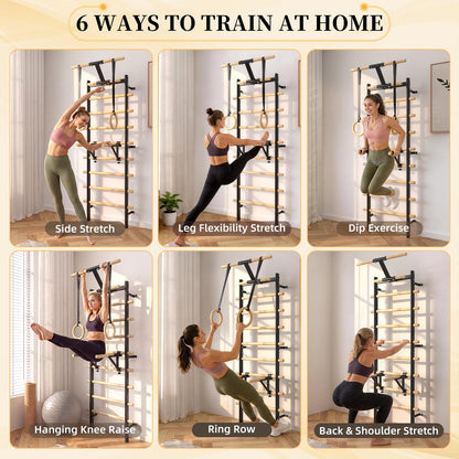 YODOLLA Wall Mounted Swedish Ladder with Pull Up Bar & Gym Rings