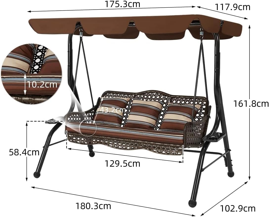 YODOLLA 3 Seater Garden Swing Chair with Adjustable Canopy
