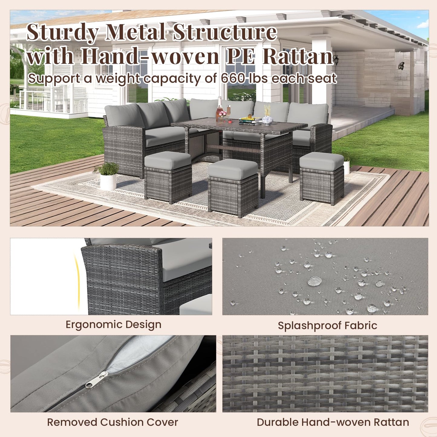 YODOLLA 7-Piece Outdoor Patio Furniture Set, Grey Rattan & Grey Cushion