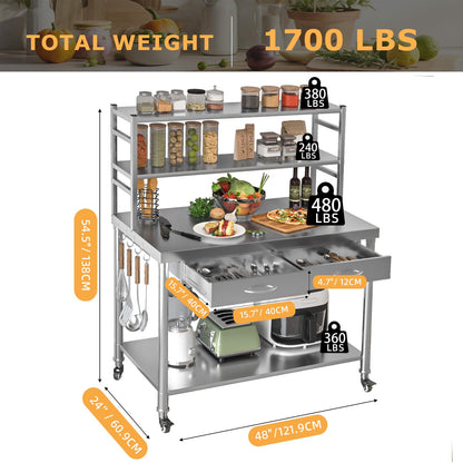 YODOLLA 122x61x138cm Stainless Steel Table with Wheels