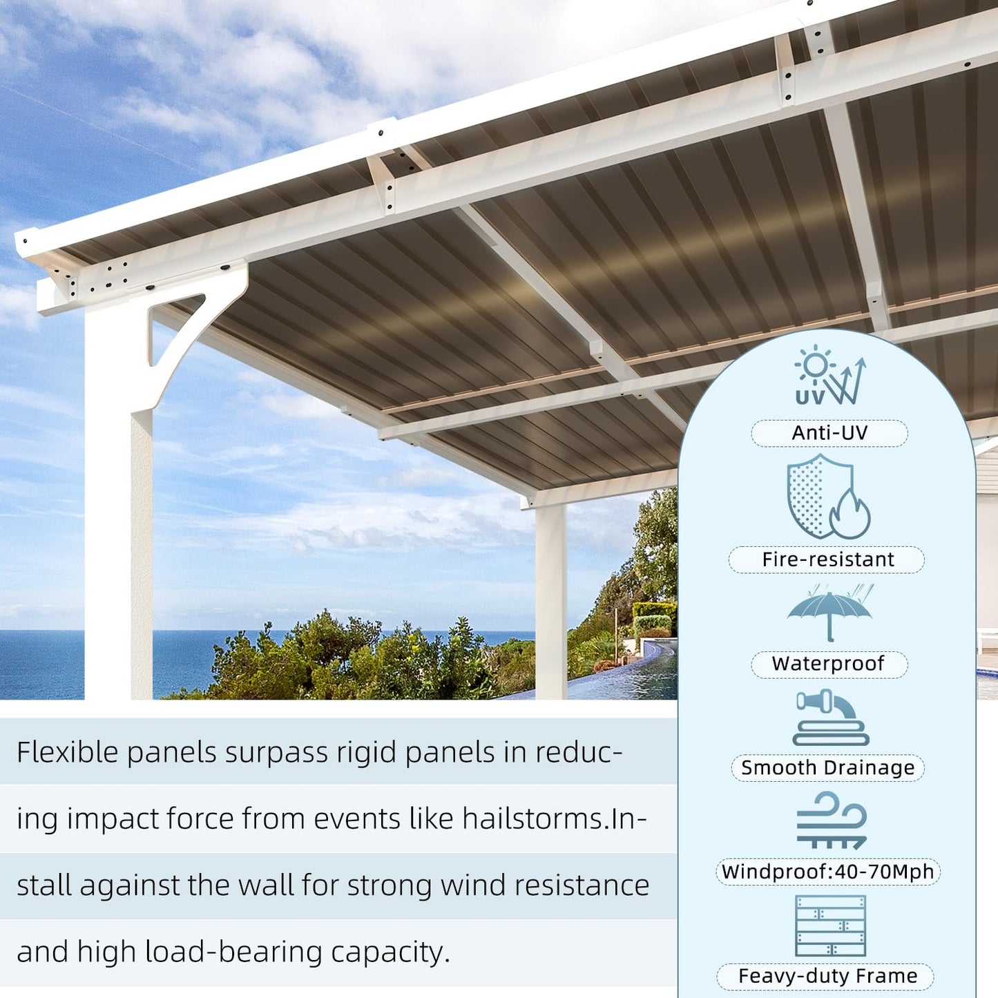 YODOLLA 3x3.65m Aluminium Lean-to Gazebo, Wall-Mounted Hardtop Roof Pergola, White