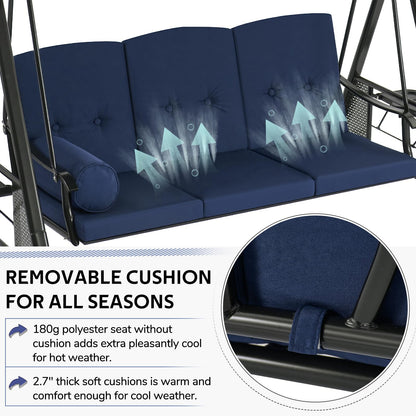 YODOLLA 3 Seater Garden Swing Chair with Adjustable Canopy & Cushions-Blue