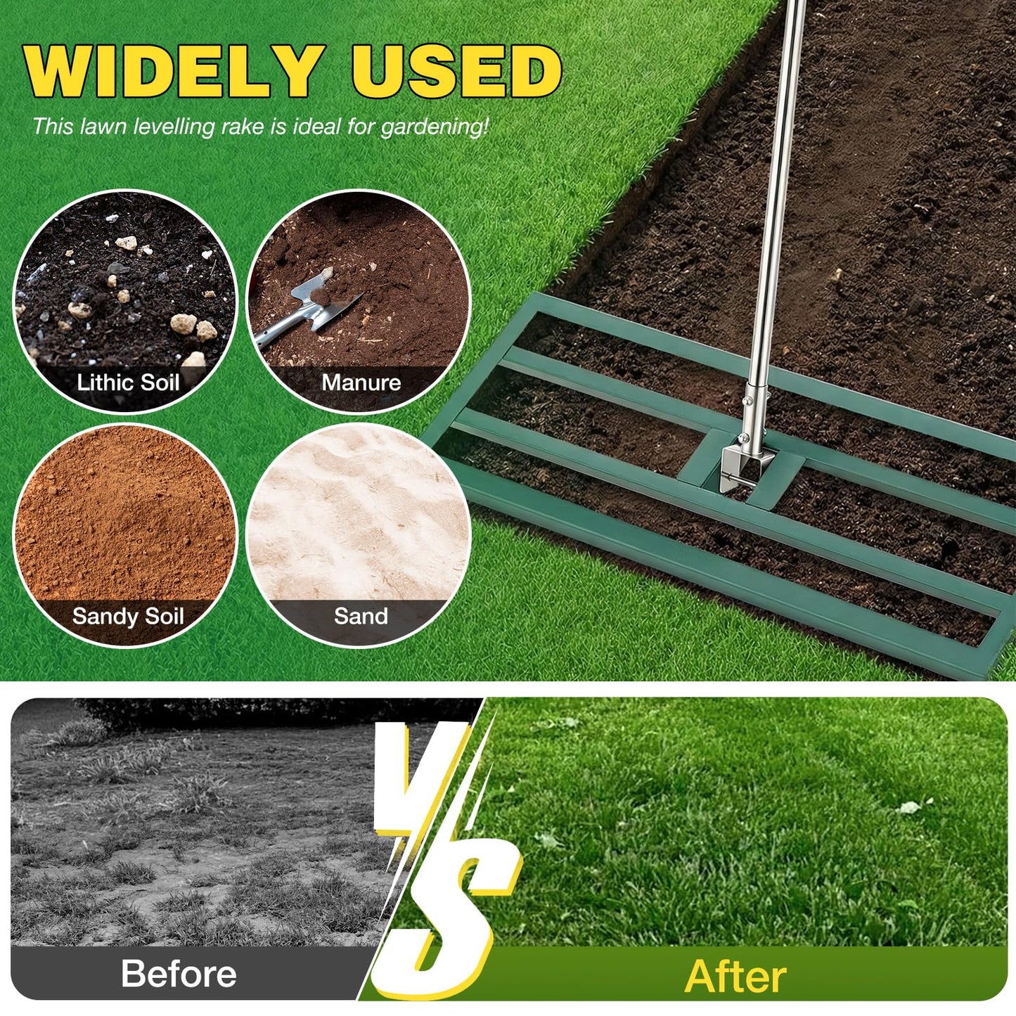YODOLLA Lawn Leveling Rake 195 x 75×25cm Stainless Steel Lawn Leveller, Green