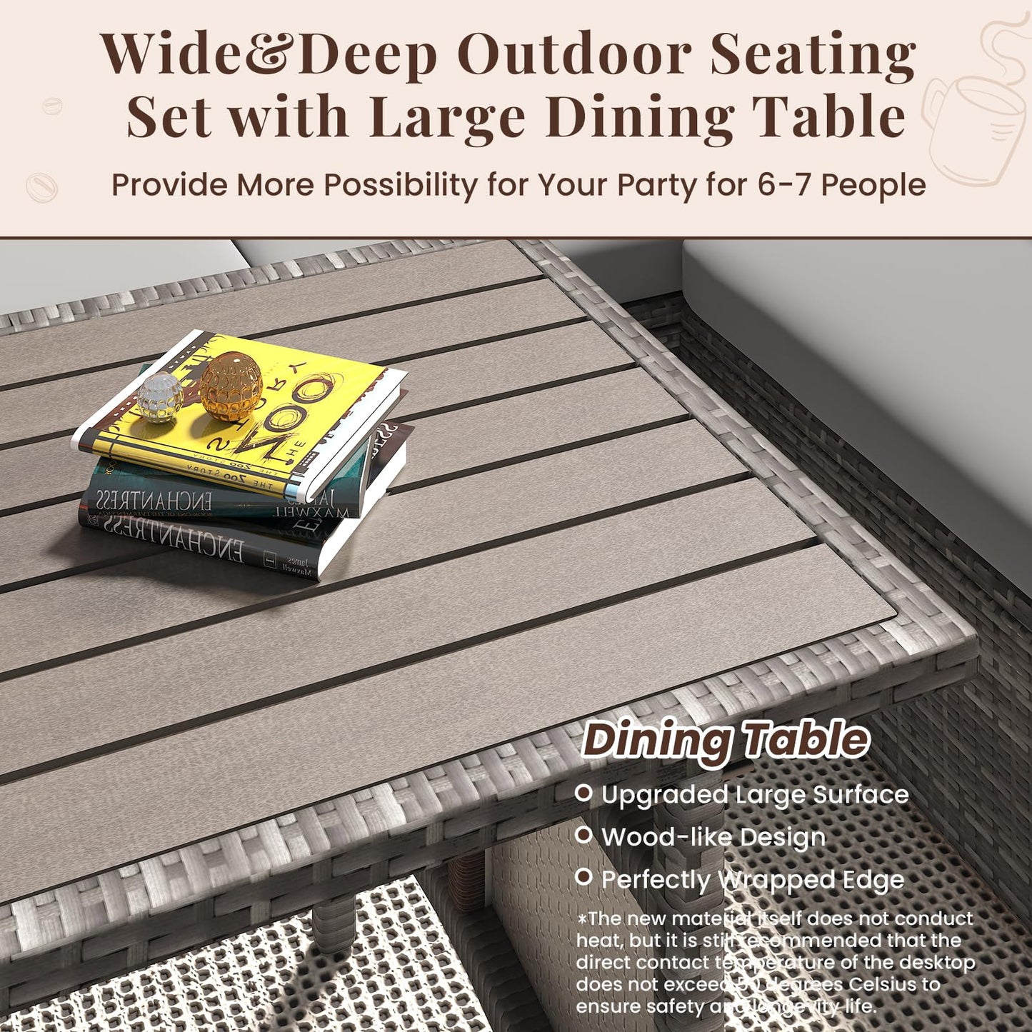 YODOLLA 7-Piece Outdoor Patio Furniture Set, Grey Rattan & Grey Cushion